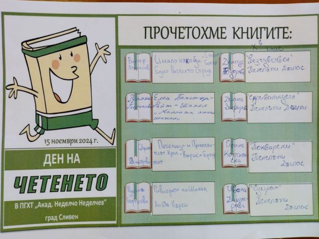 ПГХТ „Акад. Неделчо Неделчев“ - град Сливен се включва в инициативата ДЕН НА ЧЕТЕНЕТО на 15 ноември 2024 г.