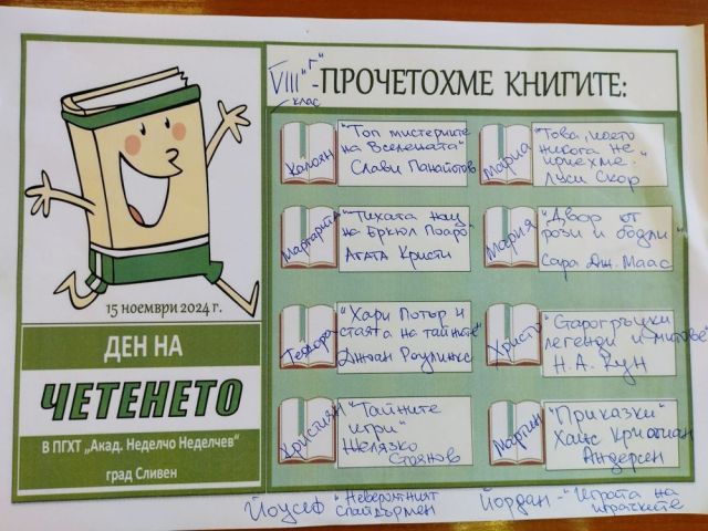 ПГХТ „Акад. Неделчо Неделчев“ - град Сливен се включва в инициативата ДЕН НА ЧЕТЕНЕТО на 15 ноември 2024 г.