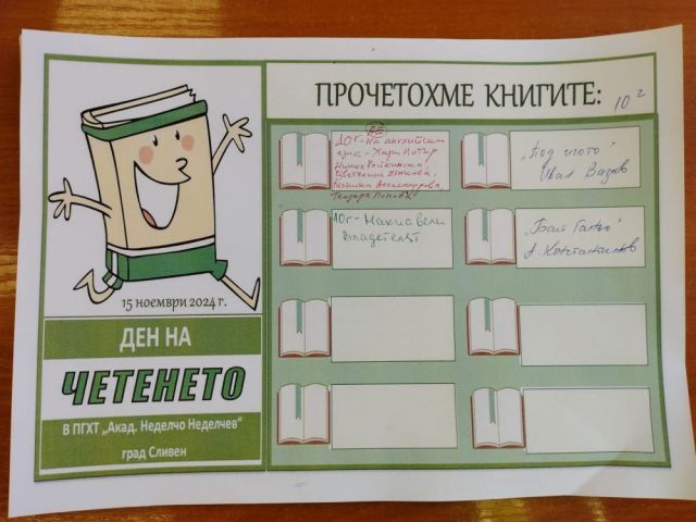 ПГХТ „Акад. Неделчо Неделчев“ - град Сливен се включва в инициативата ДЕН НА ЧЕТЕНЕТО на 15 ноември 2024 г. [18.11.2024]
