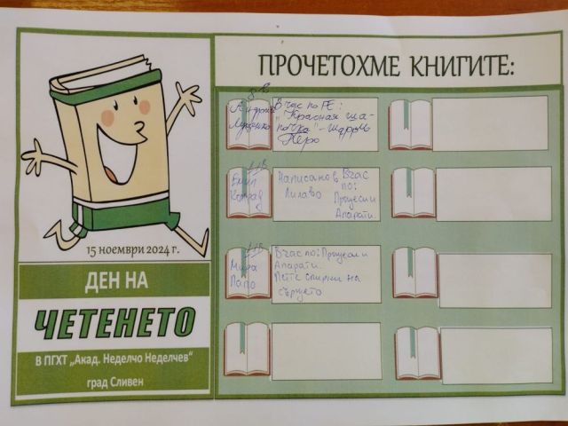 ПГХТ „Акад. Неделчо Неделчев“ - град Сливен се включва в инициативата ДЕН НА ЧЕТЕНЕТО на 15 ноември 2024 г.